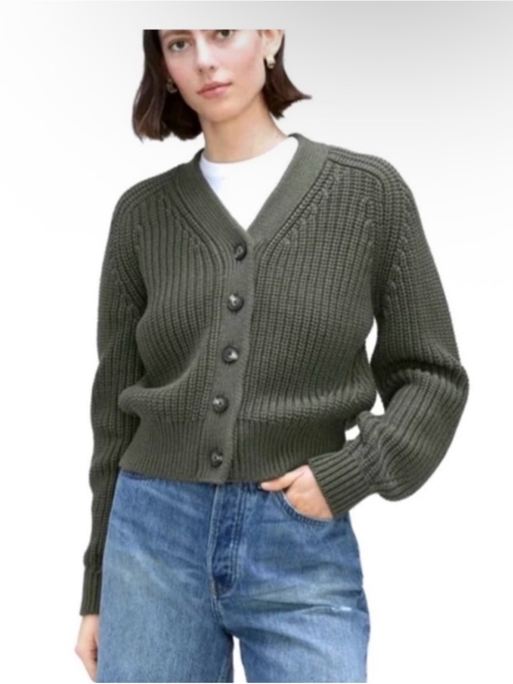 Everlane Olive Green Ribbed V-Neck Button Cardigan